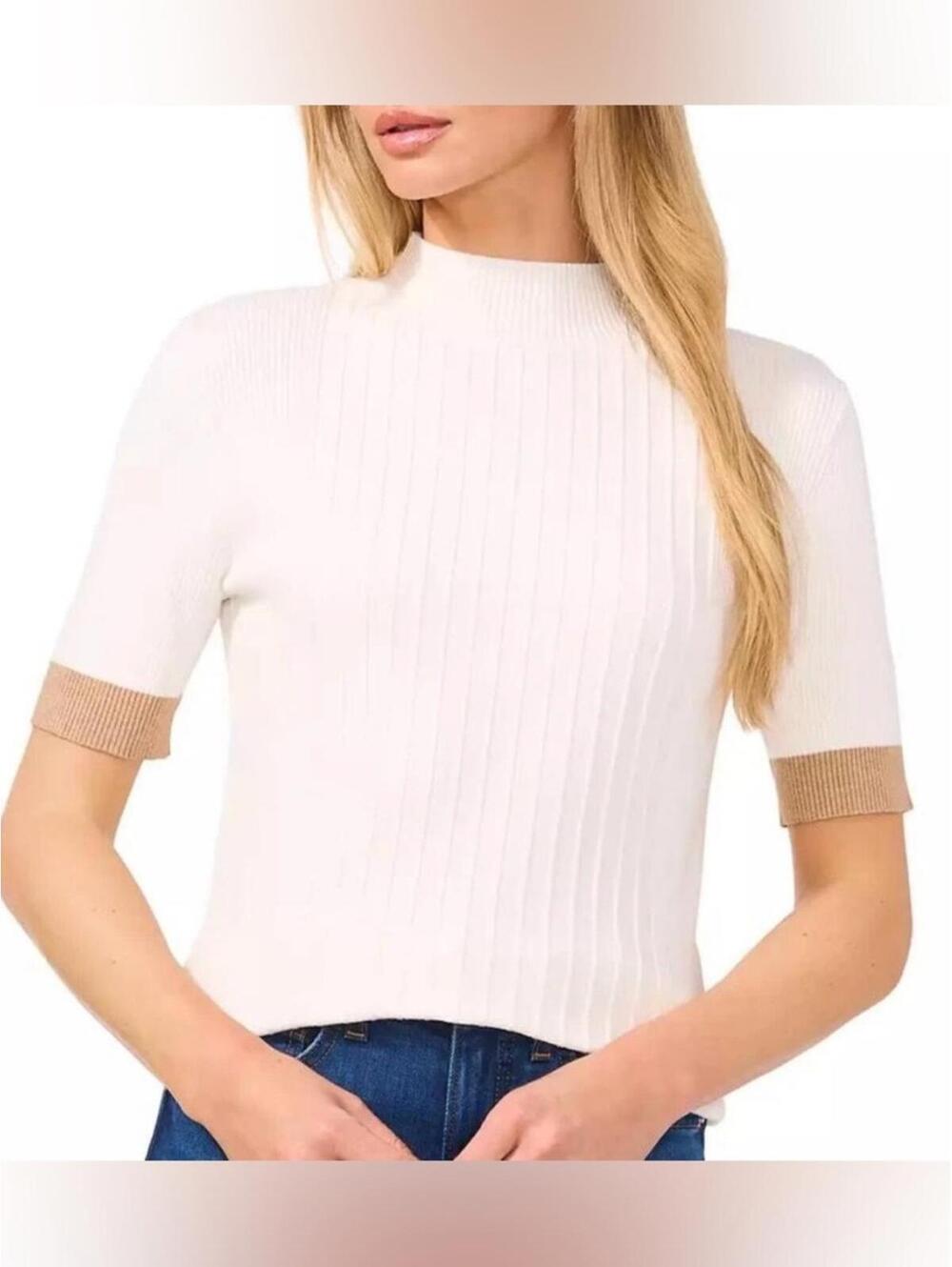 CeCe / Ribbed Mock Neck Sweater Top / White Tan